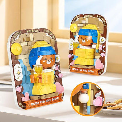 Cute 3D Painting Anime Toy Building Sets,Model Building Kits for Kids Adults,Boba Tea and Bear Building Blocks Sets ,Famous Art Sets for Women,Birthday Gifts for Kids(393+ Pieces Bricks)