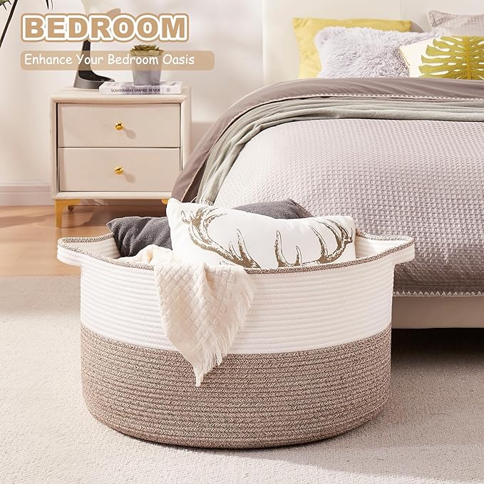 OIASKET Large Blanket Basket with Handles, 22.8" x 22.8" x 13" Woven Storage Basket for Living Room, Cotton Rope Baby Toy Storage for Clothes, Pillows, Towels-Brown & White