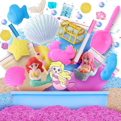 G.C Mermaid Sensory Bin for Girl Kid Toy, 103pcs Play Sand Art Kit with Sandbox/2lb Color Sand/6 Molds/Treasure Box/Shell, Ocean Sensory Toy Christmas Birthday Gift for Girl Toddler Ages 3 4 5 6 7 8