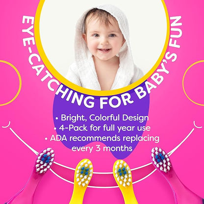 Trueocity Baby Toothbrush 4 Pack & Bonus Silicone Finger Brush, Soft Bristles, Toddler Toothbrushes, Infant & Training w/Teething Handle, 0-2 Years, Pink Set