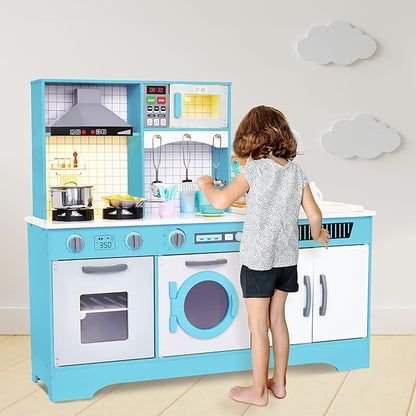 Lil' Jumbl Kids Wooden Blue Color Kitchen Set, Pretend Working Sink with Real Running Water, Includes Range Hood, Microwave & Stove Top That Make Realistic Sound & Light, Full Accessory Set Included
