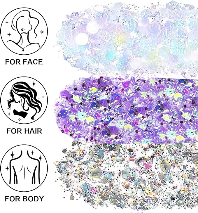Hair Face Body Glitter Set for Women, White Silver Purple Holographic Mermaid Sequins Chunky Glitter Makeup for Music Festival Rave Accessories, Christmas, Wedding, New Year, Prom