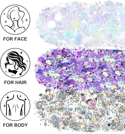 Hair Face Body Glitter Set for Women, White Silver Purple Holographic Mermaid Sequins Chunky Glitter Makeup for Music Festival Rave Accessories, Christmas, Wedding, New Year, Prom
