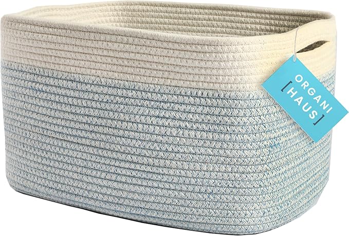 OrganiHaus Cotton Rope Basket for Shelf - Woven Storage Basket for Organizing, Closet & Toy Storage - Blue/White - 15x9x10