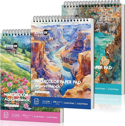 KOVIEDE 100% Cotton Watercolor Paper Pad 9"x12" (3 Pack, 30 Sheets Each) - Cold Press 140lb/300gsm Spiral Bound Watercolor Sketchbook, Artist Quality Art Journal Supplies