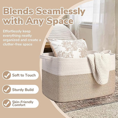 Goodpick Extra Large Woven Blanket Basket, 23.6" x 15.7" x 13.8" Storage Organizer for Blankets, Toys, Dirty Clothes, Rectangle Cotton Rope Basket for Living Room, Nursery, Bedroom