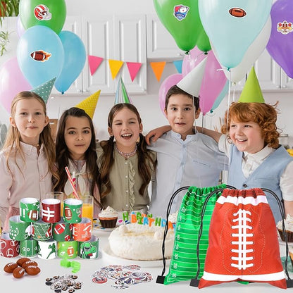 110 Pcs Football Party Favors for Kids 12 Sets Football Party Supplies Drawstring Bag Backpack with Keychains Mini Football Stress Balls Goodie Bag Stickers Toy Presents Gift Set Slaps Bracelets