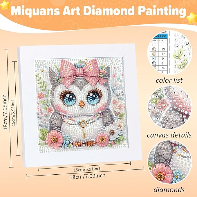 Aestalrcus Diamond Art for Kids Cartoon, Owl Diamond Painting Kits for Kids Ages 4-8-12, Easy Crystal Gem Art for Kid Gift Home Wall Decor 6x6inch(with Frame)