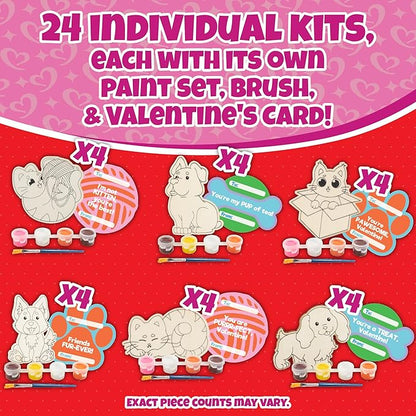 Set of 24 Valentines Cards for Kids Classroom -Valentine's Day Cats & Dogs Wood Painting Kits for Kids School -Each Valentines Gift Includes Complete Craft Kit & Card for Boys Girls Classroom Exchange
