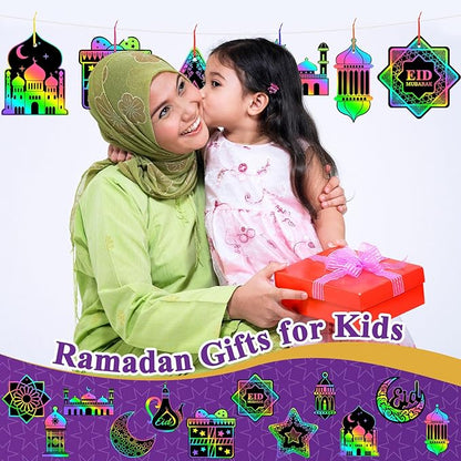 JULMELON 36 PCS Ramadan Crafts for Kids, Rainbow Scratch Paper Art for Kids Ramadan Gifts Eid Mubarak Magic Color Scratch Off Cards for School Classroom Activities DIY Drawing Project Party Favors