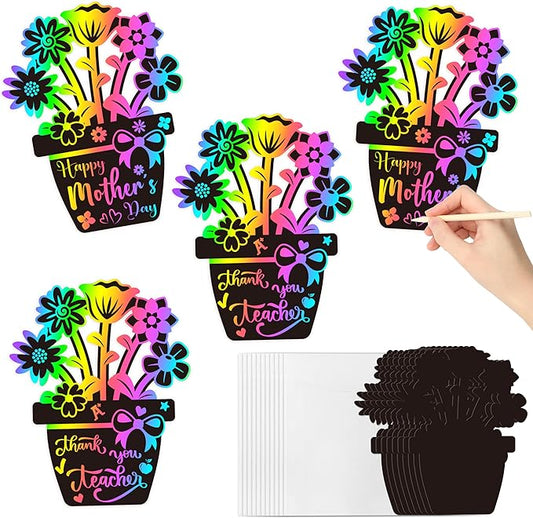BeYumi Flower Scratch Cards Craft - 28Pcs Teacher Appreciation Flower Scratch Cards Craft Kit with Envelopes DIY Magic Rainbow Color Flower Pot Mother's Day Greeting Cards School Classroom Home Kids