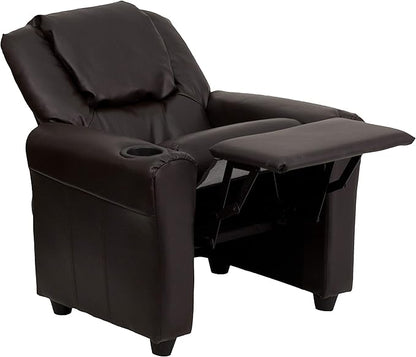 Flash Furniture Vana LeatherSoft Kids Recliner with Cup Holder, Headrest, and Safety Recline, Contemporary Reclining Chair for Kids, Supports up to 90 lbs., Brown