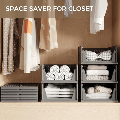 PinkPum 6 Pack Black Closet Organizers and Storage Plastic Stackable Storage Bins, Morden Foldable Drawer Shelf Storage Container for Wardrobe Kitchen Bathroom Dorm
