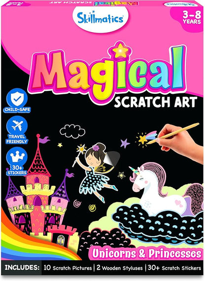Skillmatics Magical Scratch Art Book for Kids - Unicorns & Princesses, Craft Kits & Supplies, DIY Activity & Stickers, Valentine's Day Gifts for Toddlers, Girls & Boys Ages 3, 4, 5, 6, 7, 8