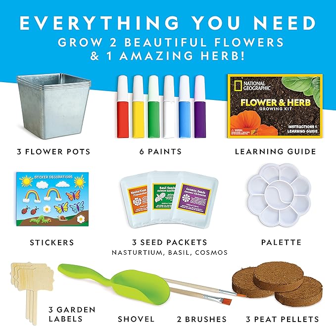 National Geographic Flower & Herb Gardening Kit for Kids - Kids Gardening Set with 3 Stainless Steel Pots, Paint & Stickers, Outdoor Toys, Craft Kits, Kids Plant Growing Kit (Amazon Exclusive)