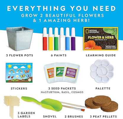National Geographic Flower & Herb Gardening Kit for Kids - Kids Gardening Set with 3 Stainless Steel Pots, Paint & Stickers, Outdoor Toys, Craft Kits, Kids Plant Growing Kit (Amazon Exclusive)