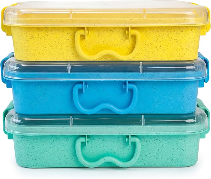 Carolart 3 Pack, Empty Sensory Bin, Wheat Straw Material，13.5 Inch Storage Container, Portable Plastic Storage Bins, Stackable Play Tray for toys,arts,crafts and sand.