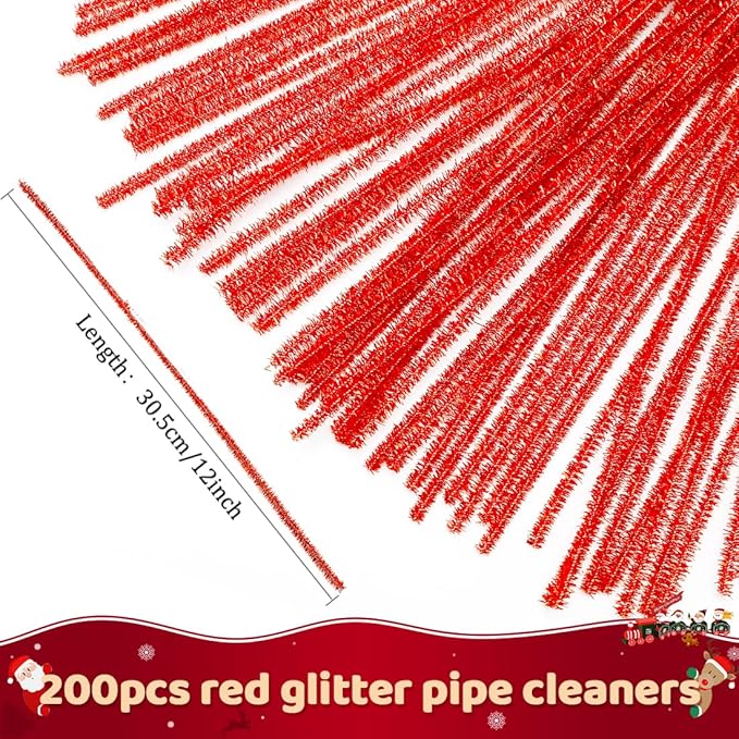 Praisebank Glitter Pipe Cleaners - 200pcs, 12 Inch Long, Red Glitter, Christmas