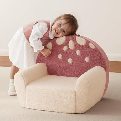 Blissful Diary Toddler Chair Comfy, Foam Kids Chair with Soft Teddy Plush, Toddler Reading Armchair with Cute Mushroom Designs- Rusty Red