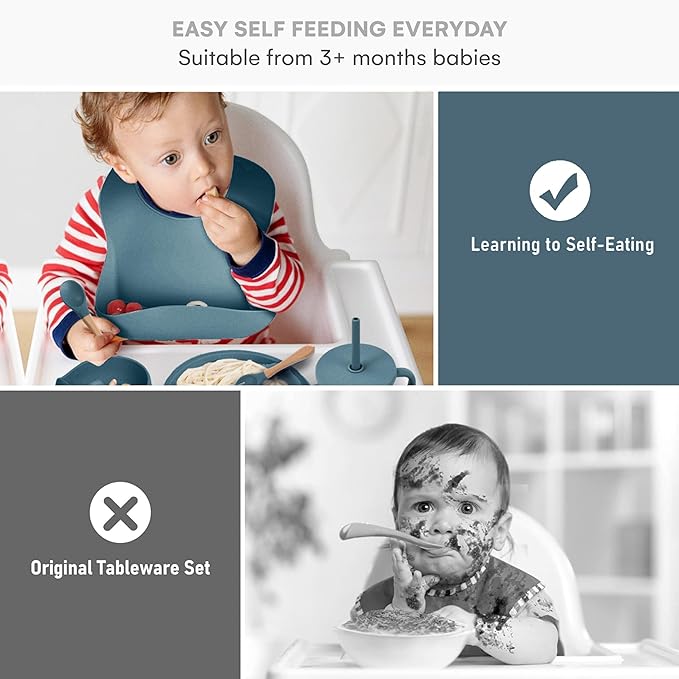 Childlike Behavior Baby Weaning Set of 6 - Dark Blue Baby Silicone Feeding - Self Feeding Baby Wooden Fork and Spoon, Plates, Bibs, Easy to Grip, Dishes and Cups - Eating Learning Essentials
