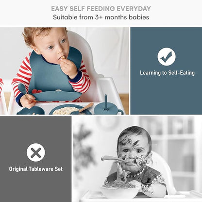 Childlike Behavior Baby Weaning Set of 6 - Dark Blue Baby Silicone Feeding - Self Feeding Baby Wooden Fork and Spoon, Plates, Bibs, Easy to Grip, Dishes and Cups - Eating Learning Essentials