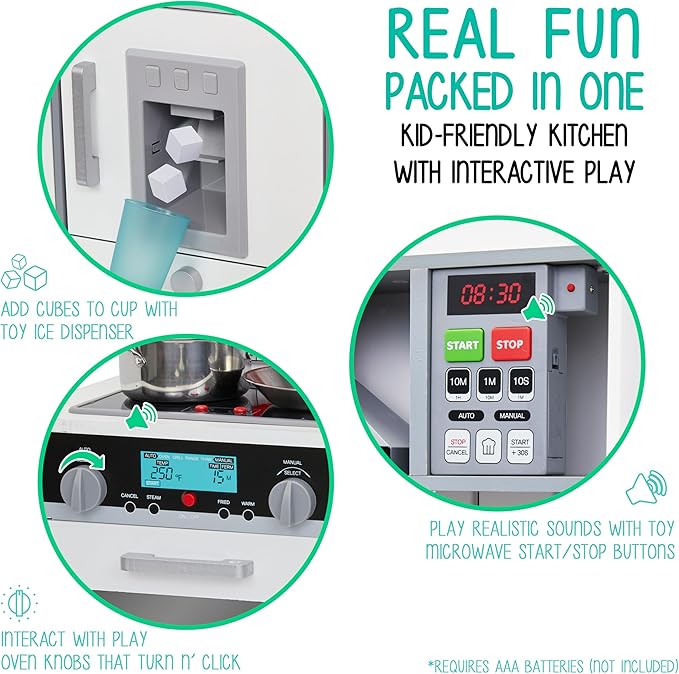 Lil' Jumbl Jumbl Kids Kitchen Set, Pretend Wooden Play Kitchen, Includes Range Hood, Microwave, Stove Top, Oven That Make Realistic Sound & Light, Pots, Pan, Cutting Board & Utensils Included,