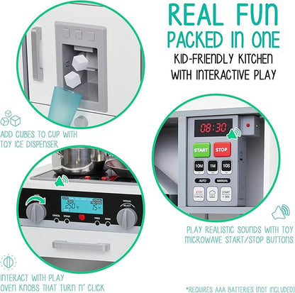 Lil' Jumbl Jumbl Kids Kitchen Set, Pretend Wooden Play Kitchen, Includes Range Hood, Microwave, Stove Top, Oven That Make Realistic Sound & Light, Pots, Pan, Cutting Board & Utensils Included,