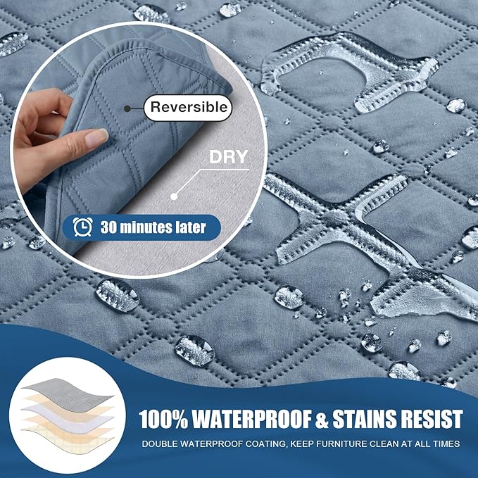 TAOCOCO 100% Waterproof Recliner Covers, Recliner Sofa Covers with Leg Straps, Reversible Recliner Couch Cover for Reclining Chair, Washable Couch Protector for Pets Kids(3 Seater, Sky Blue)