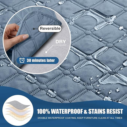 TAOCOCO 100% Waterproof Recliner Covers, Recliner Sofa Covers with Leg Straps, Reversible Recliner Couch Cover for Reclining Chair, Washable Couch Protector for Pets Kids(2 Seater, Sky Blue)