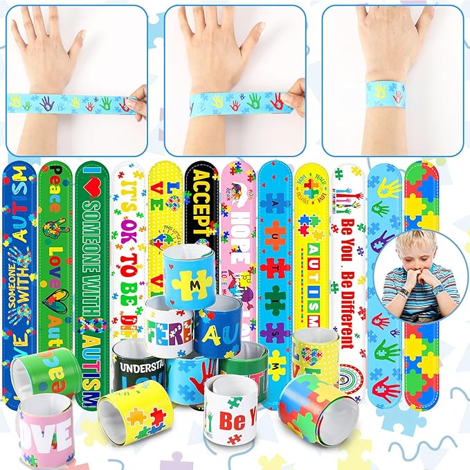 JUNEBRUSHS 56Pcs Autism Awareness Slap Bracelets, Colorful Puzzle Pieces Autism Bracelet Wristbands Inspirational Autism Awareness Accessories for Kids Teens Adult Motivational Gifts Party Supplies