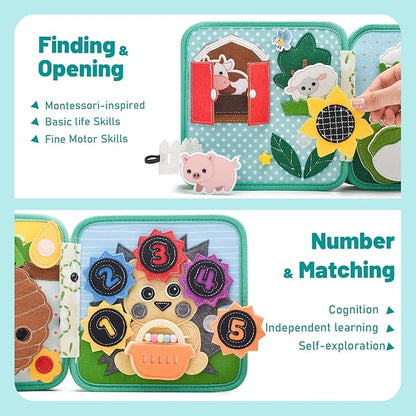 Montessori Busy Book for Toddlers 1-3, Felt Quiet Book & Busy Board for Preschool Learning, Fine Motor Skills & Sensory Play, Educational Travel Toy and Gift for Kids – Farm Animals Theme, Green