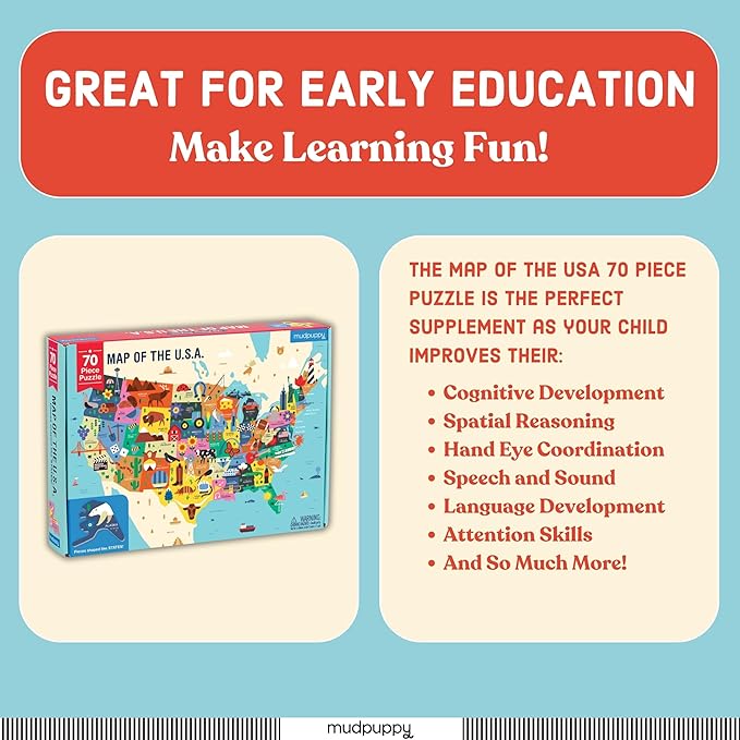 Mudpuppy Map Of The USA – 70 Piece Geography Puzzle with State-Shaped Pieces and Iconic Landscapes Cultural Items And More