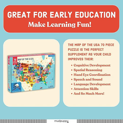 Mudpuppy Map Of The USA – 70 Piece Geography Puzzle with State-Shaped Pieces and Iconic Landscapes Cultural Items And More