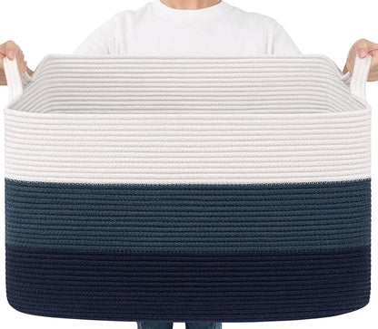 Goodpick 85L Large Blanket Basket 23.6" x 15.7" x 13.8" Cotton Rope Storage Baskets for Organizing, Rectangle Woven Baskets for Storage, Baby Toy Basket for Nursery Bedroom, Blue