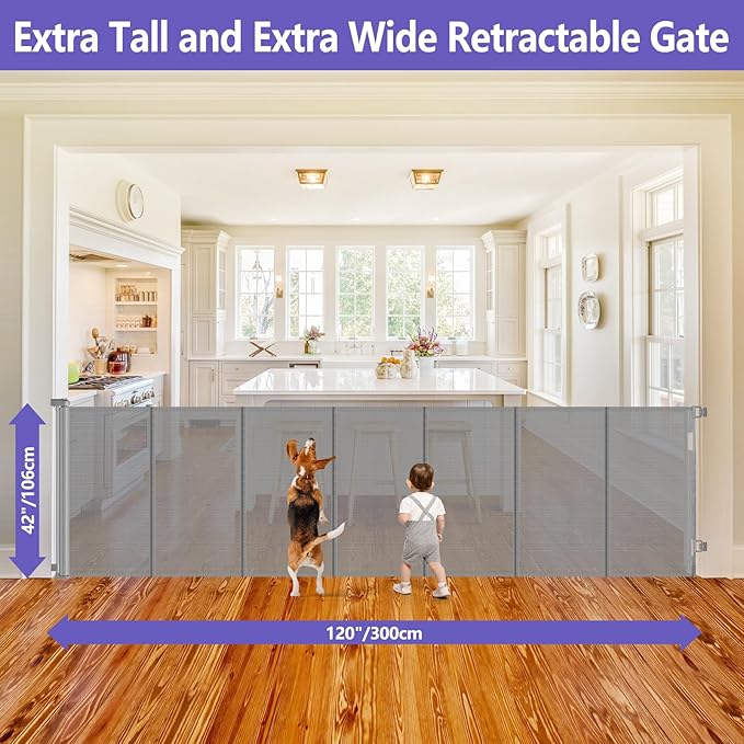 42" Tall X 120" Wide Retractable Baby Gates Extra Wide Dog Gate Keeps Pets from Getting Under Tall Baby Gate, Indoor/Outdoor Pet Gate for Cats, Extra Long Baby Gate Tall Dog Gates for Doorways, Gray