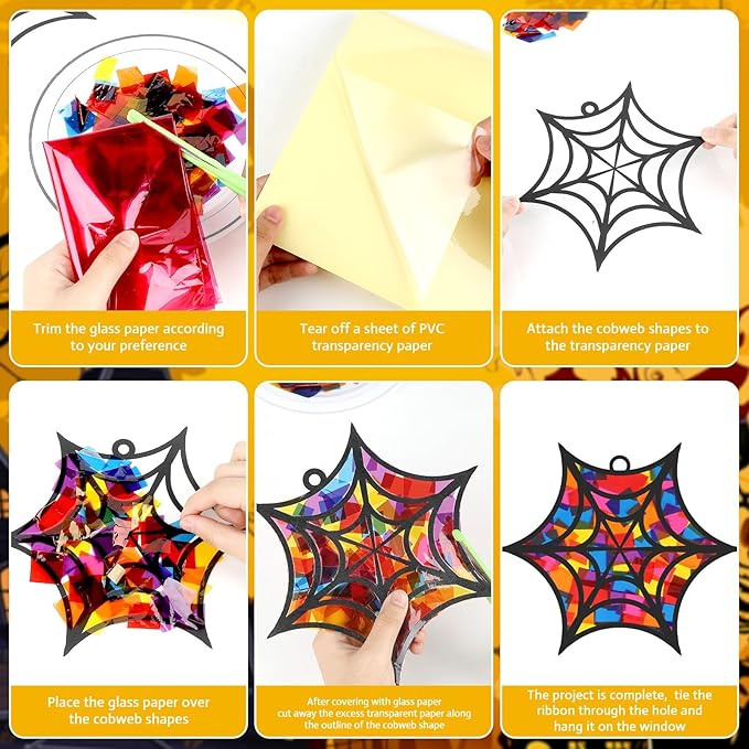 32Pcs Halloween Suncatcher Kit Halloween Window Art DIY Suncatcher Crafts for Kids Spider Web Sun Catcher Craft Stained Glass Effect Tissue Paper Halloween Party Favors Kids Classroom Decor
