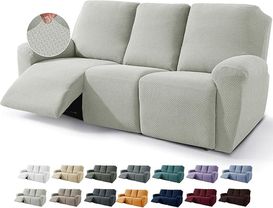 JIVINER 8-Piece Recliner Sofa Covers Stretch Jacquard Couch Covers for Recliner Slipcovers for Living Room 3 Cushion Soft Recliner Protector with Pocket (Sofa Recliner, Ivory)