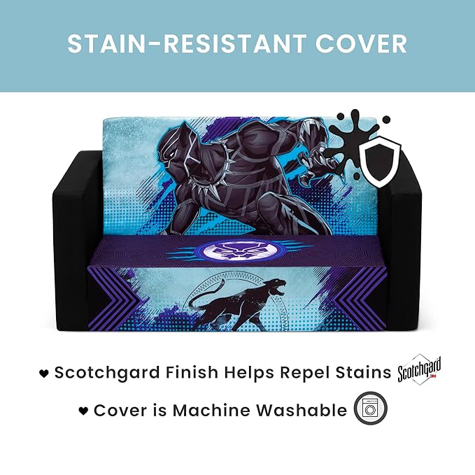 Delta Children Marvel Black Panther Cozee Flip-Out Sofa with Memory Foam - 2-in-1 Convertible Sofa to Lounger, Black