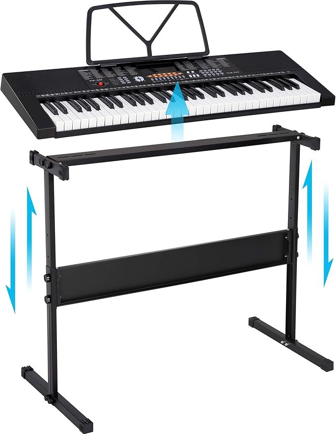 Saturnpower 61-Key Portable Electronic Keyboard Piano with Built In Speakers, Headphones, Microphone, Dual Power Supply, Piano Stand, Music Sheet Stand and Stool for Beginner (Kid & Adult) Black