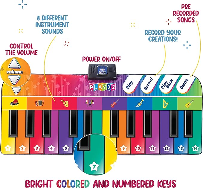 Play22 6 ft. Floor Piano Mat for Toddlers - Giant Piano Playmat, 24 Keys, 8 Musical Instruments, Adjustable Vol, Built in Songs, Record & Playback - Best Musical Toy Gift for Boys & Girls Ages 3-10