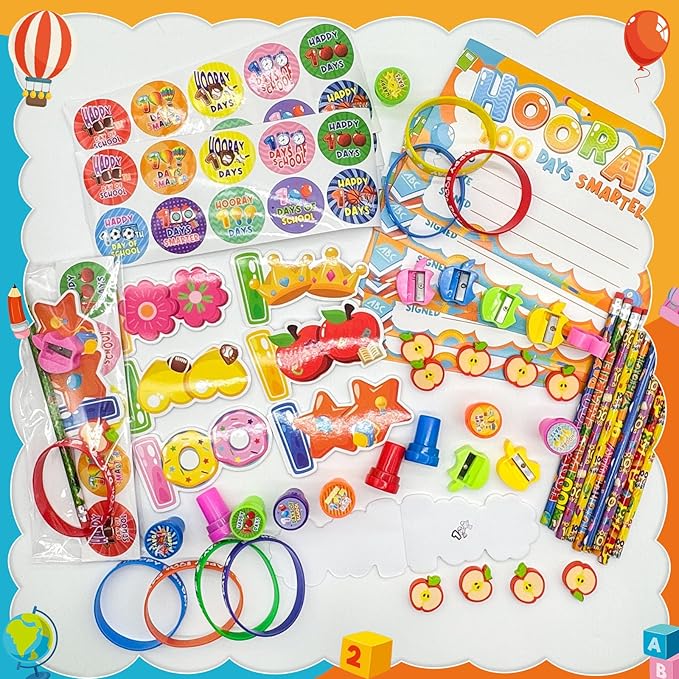 108 Pcs 100 Days of School Awards Set Teacher Favor Gift Kit Include 100th day of school Pencils Bracelets Stickers Certificate Stamp Button Pins for Happy 100 Days of School Party Favors Supplies