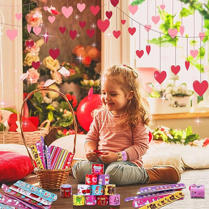 JUNEBRUSHS 56 Pack Valentines Slap Bracelets, Valentines Day Party Favors for Kids Valentines Slap Bands Wristbands Snap Bracelets Bulk for Boys Girls Birthday Gifts Party Supplies
