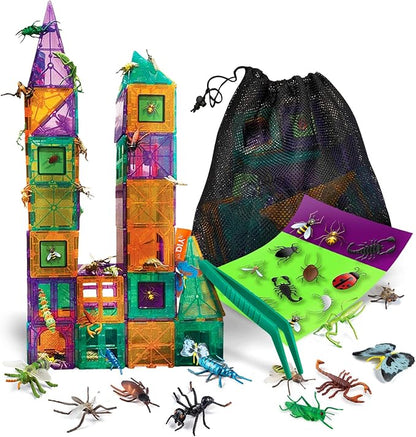 Creepy Archi Tiles - Magnetic Tiles for Kids - Colorful Construction Building Blocks with Bugs, Storage Bag, Stickers, Tweezers - Creative Educational Toys for Toddlers - 100pc Set