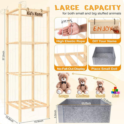 Stuffed Animal Storage with Toys Tray, 57In Large Wooden Stuffy Plushies Storage Holder Extra Large Capacity Stuffed Animals Zoo Organizer for Toddler Rooms, Playrooms & Bedrooms