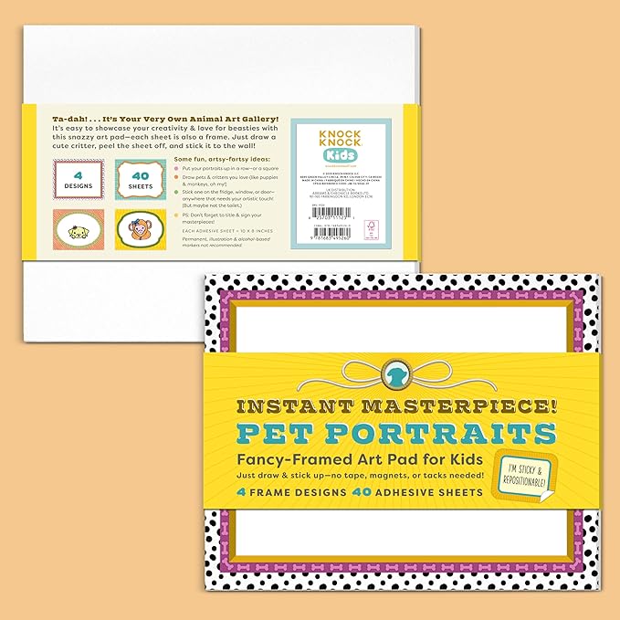 Knock Knock Kids Instant Masterpiece! Pet Portraits Sticky Art Pad: Fancy-Framed Art Pad for Kids (40 Adhesive Sheets, 10 Each of 4 Styles), 10 x 8-Inches