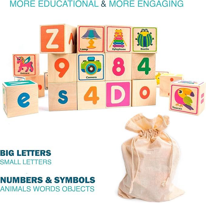 QUOKKA Wooden Puzzles Blocks for Toddlers 1-3 Large - 26 Alphabet & Numbers Baby Blocks for Kids Ages 2-4 Gift Wood Stacking & Building Toys for Learning ABC Letters for Boys and Girls 2-4