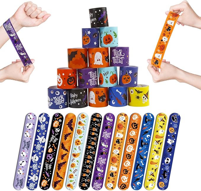 CCINEE 48pcs Halloween Slap Bracelets,Kids Snap Bracelet Wristbands with Assorted Bulk Pumpkin Zombie Skull Ghost Witches for Trick or Treat Gift Bag Filler Party Favors Toy Supplies