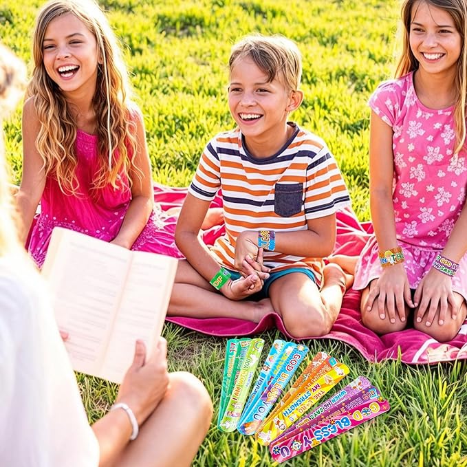 LovesTown 48PCS Christian Snap Bracelets, Bible Verses Religious Slap Wristbands Slap Bracelets for Kids Sunday School Gifts Classroom Prizes