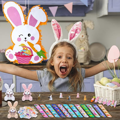 139 Pcs Easter Bunny Pinata Set for Birthday Party Pinata Egg Easter Decoration Party Fiesta Games Supplies Easter Props with Blindfold Toy and Baton Kids Animal Favors Gifts for Boys Girls