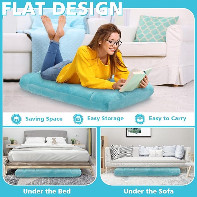 Folding Floor Chair 14-Position Cushioned Adjustable Floor Lazy Sofa Chair w/Breathable Cotton & Skin-Friendly Flannel for Adults & Kids Ideal for Reading Meditating, Blue